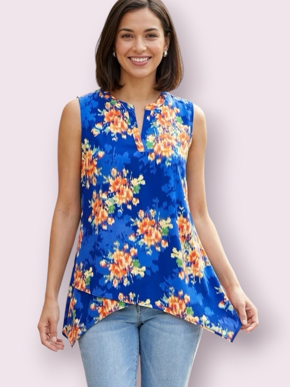 Pleione Sleeveless Chiffon Tunic Top Blue Floral Crossover Asymmetrical Size XL